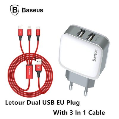 Мережеве ЗУ Baseus Letour Dual U Charger(EU)+3-in-1 Cable (Apple+Micro+Type-C) 2.4 A, White/Red (TZCL-D92) TZCL-D92 фото