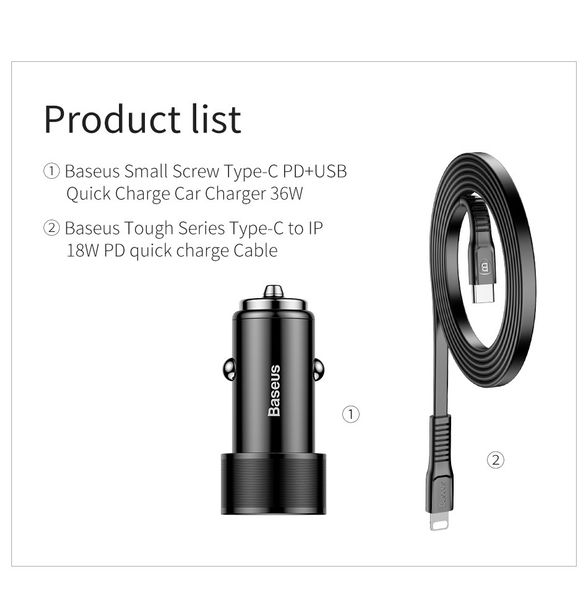 АЗУ Baseus Car Charger Small Screw Series 2xUSB 3.4A + Lightning Cable, Black (TZXLD-A01) 271401 фото